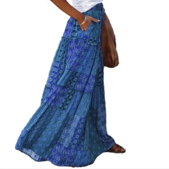 Boho Maxi Skirt Blue Patchwork Print 70s Hippie Style - Picture 1 of 9